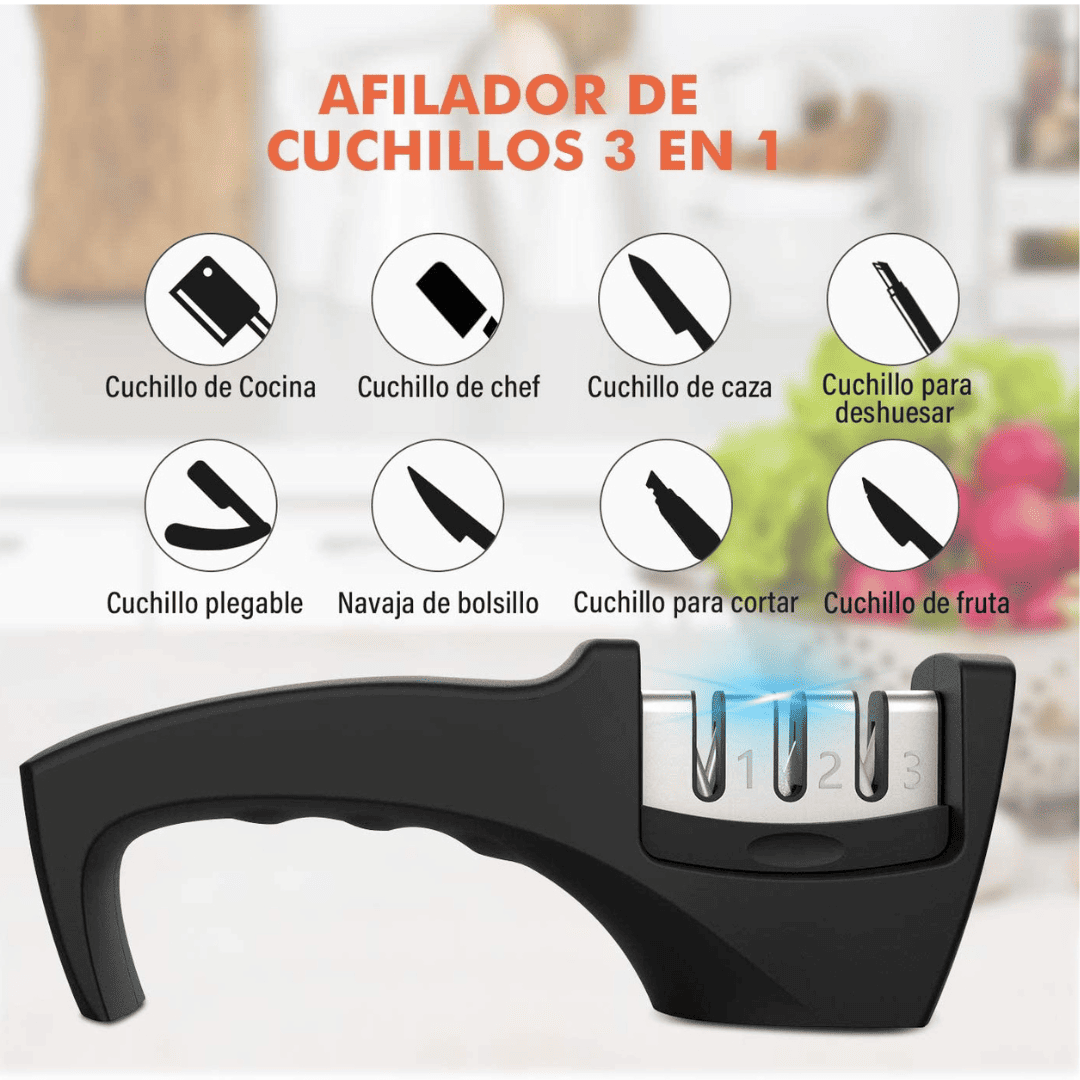 Afilador de cuchillos 3 en 1., afila cuchillos de cocina, cuchillos de chef, cuchillos de caza, cuchillos para deshuesar,  cuchillos plegable, navajas de bolsillo, cuchillo de fruta. 