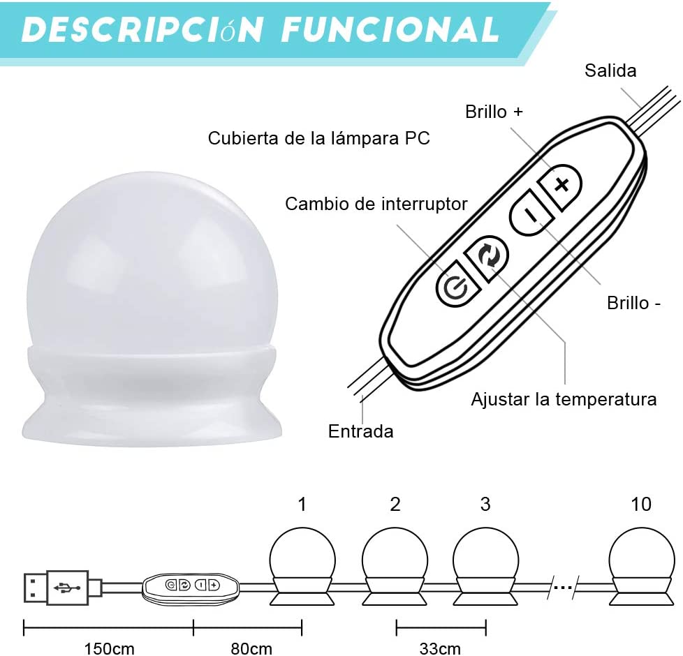 Las luces led para espejo tienen un puerto de salida y entrada, viene con un boton para subir y bajar el brillo, cambio de interruptor, ajuste de temperatura y una cubierta. 