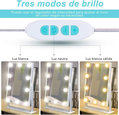 Tres modos de brillo en el que puedes usar las luces para espejo,puede usar el regulador de intensidad para ahjustar el tono de color segun su necesidad. En luz blanca, luz neutra y luz blanca cálida.