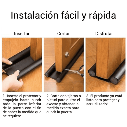 Se inserta el cubre puerta o protector de puertas y se emuja hasta cubrir toda la parte inferior, se corta con tijeras o bisturi para quitar el exceso y obtener una medida exacta.