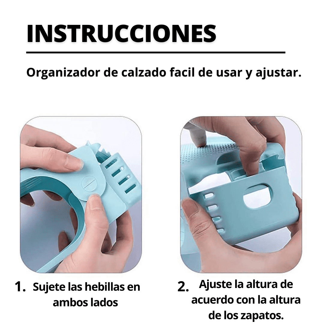 Instrucciones para ajustar facilmente el organizador 1. Sujete las hebillas en ambos lados, 2. Ajuste la altura de acuerdo con la altura de los zapatos.